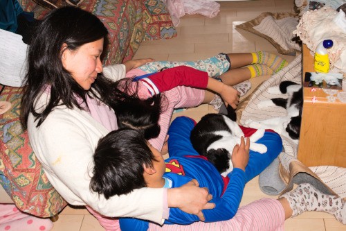 a most comfortable mother with her kids and cats on the floor